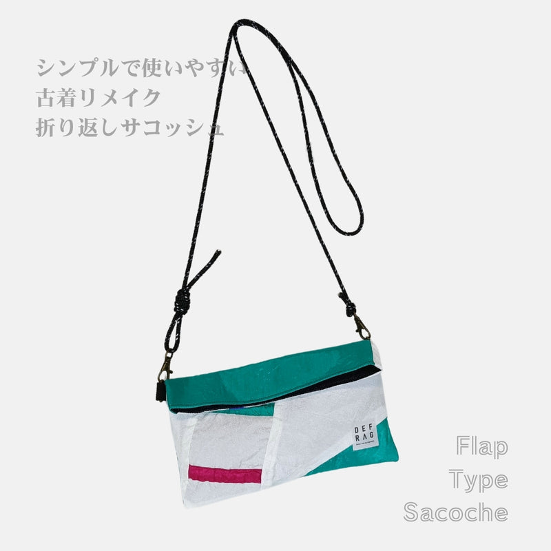Re:FLAP|折返しサコッシュ(ホワイト&グリーンナイロン)古着リメイク・一点モノ 男女兼用