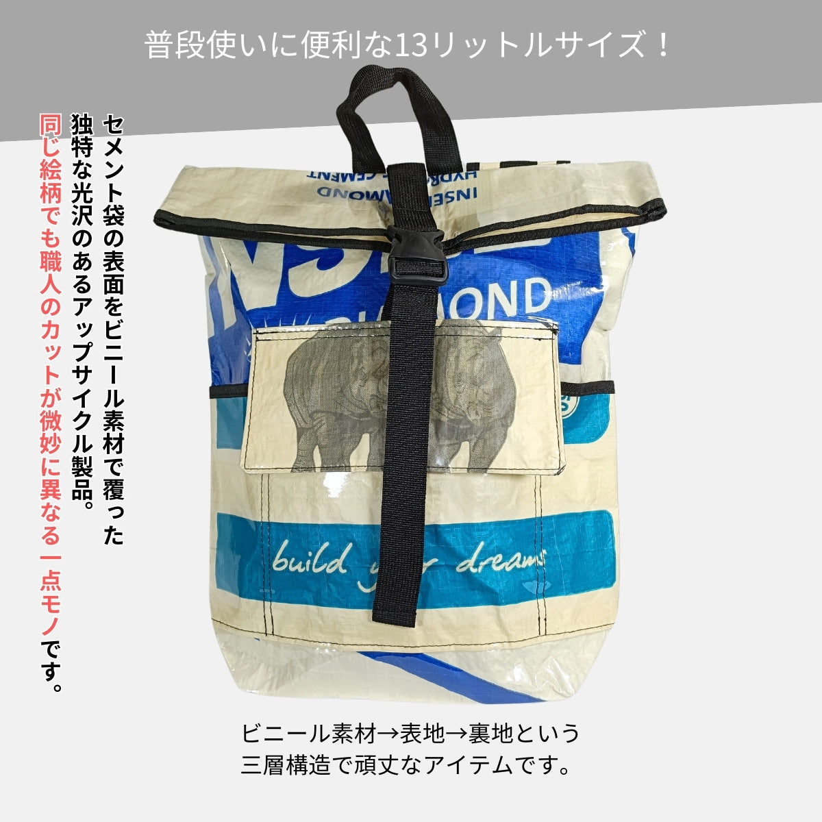 《ブルー》13リットル個性派タフリュック:セメント袋リメイクバッグ/アップサイクル