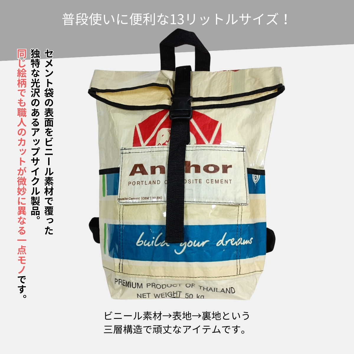 《ホワイト&ブルー》13リットル個性派タフリュック:セメント袋リメイクバックパック/アップサイクル