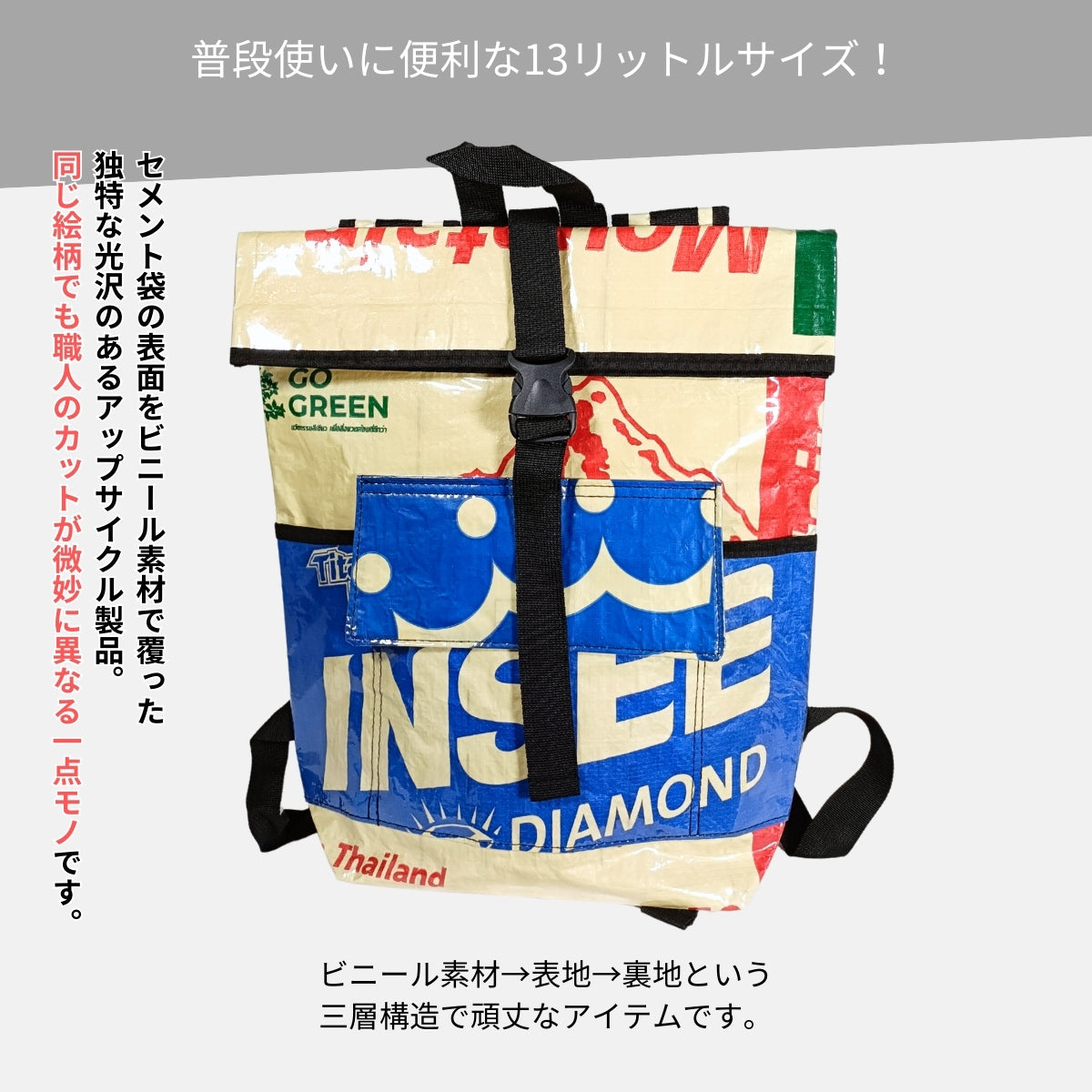 《AP-31-25》13リットル個性派タフリュック:セメント袋リメイクバックパック/アップサイクル