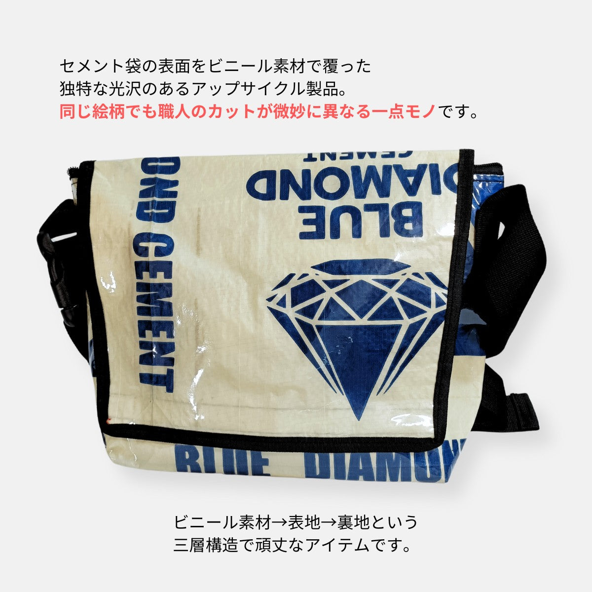《ブルーダイヤ柄》A4対応セメント袋リメイクメッセンジャーバッグ/アップサイクル