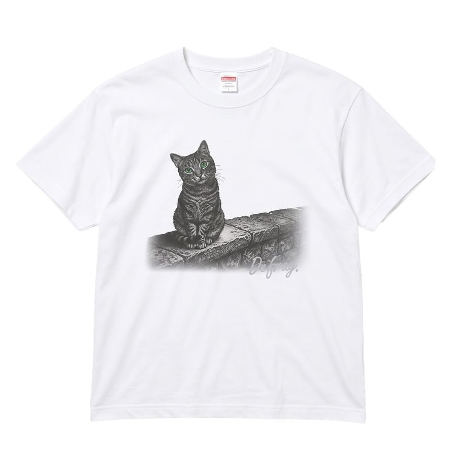白い半袖Tシャツに石段のキジトラ猫を描いたデザイン