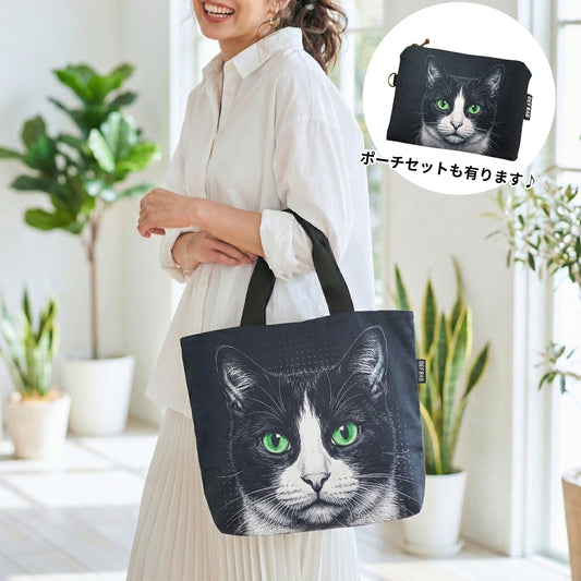 ハチワレ:グラフィックキャット ポリ帆布トート｜チャコールブラック