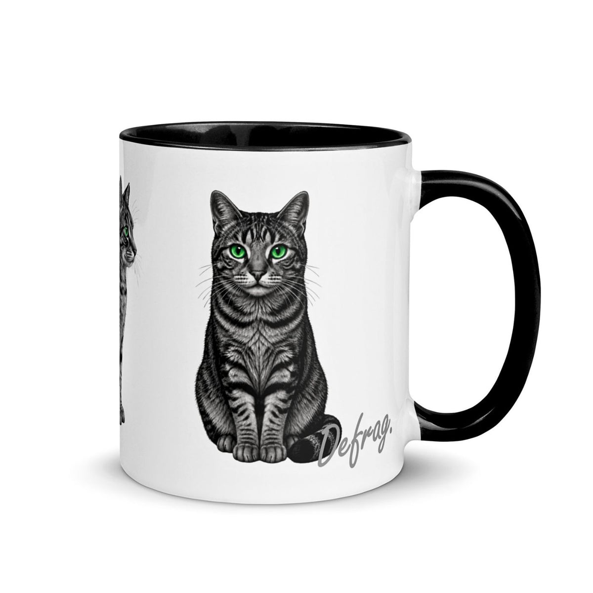 黒い内側と持ち手に緑の瞳のキジトラ猫を描いた白いマグカップ